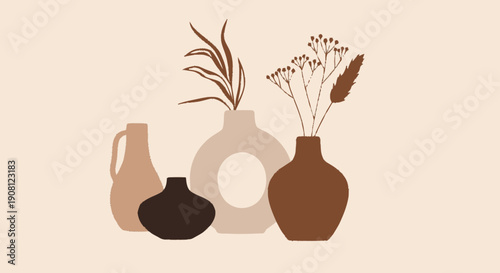 Collection of Vases with Plants and Flowers.