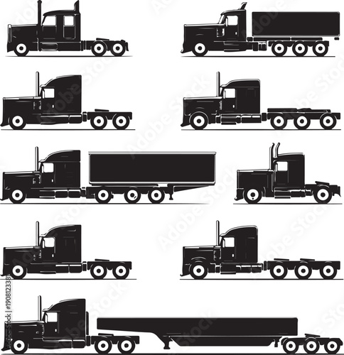Black silhouettes of semi trucks and trailers on white background