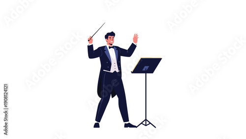 Elegant male orchestra conductor in a tuxedo waving his baton in front of a music stand to lead a classical music performance.