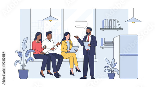 Team of diverse business professionals having an informal meeting and collaborating on a project in a modern and bright office space.