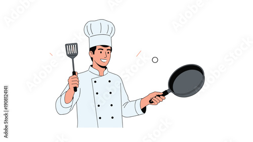 Cheerful male chef in a traditional white uniform holding a spatula and a frying pan while preparing a tasty meal in the kitchen.