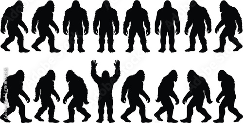 Bigfoot silhouette illustration set with walking and standing poses, mysterious sasquatch creature collection isolated on white background, cryptid folklore vector design