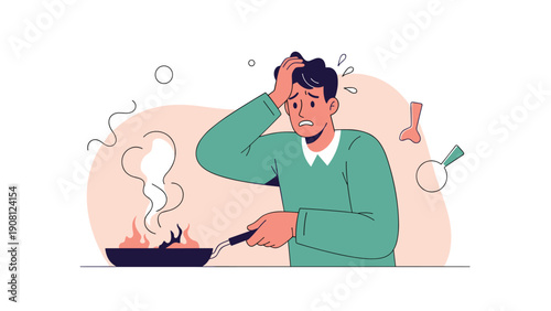 Worried man holding a frying pan with burning food and smoke in his kitchen after a failed attempt at cooking a meal at home.
