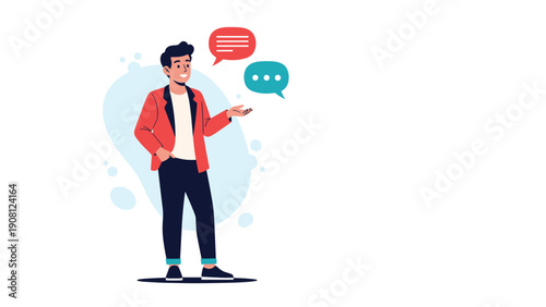 Man in a red jacket standing and talking with speech bubbles representing communication and dialogue in business.