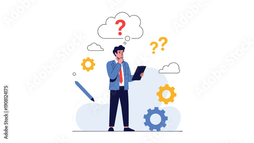 Businessman in a blue suit holding a clipboard and looking thoughtful surrounded by question marks and gear icons.