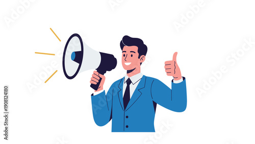 Smiling businessman in a suit shouting into a megaphone and giving a thumbs up to announce important news or a special promotion.