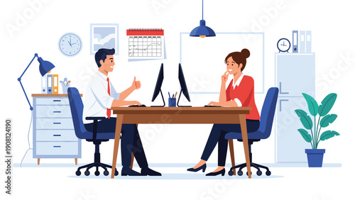 Two business colleagues sitting at desks in an office workspace with a man giving a positive thumbs up gesture.