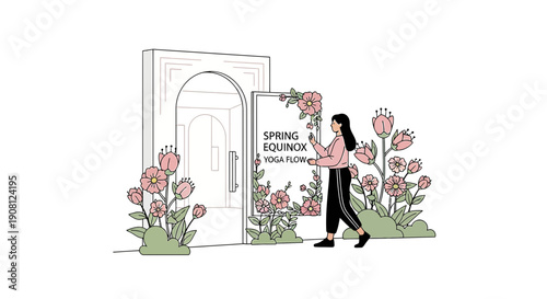 Woman Walking Past Floral Entrance for Spring Equinox Yoga Flow