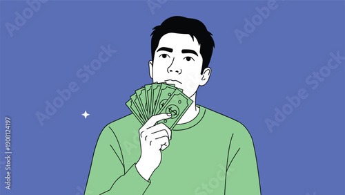 Thoughtful man holding a fan of cash and looking up while thinking about his financial investments or spending plans.