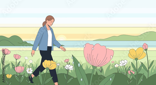 Woman Walking Through Blooming Meadow with Large Flowers and Mountains Background