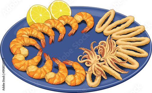 Grilled shrimp and fried calamari seafood platter with lemon slices, delicious restaurant dish illustration isolated on white background