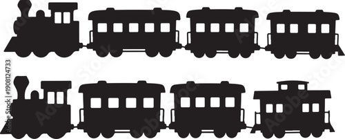 Silhouette of various train cars and locomotives in profile