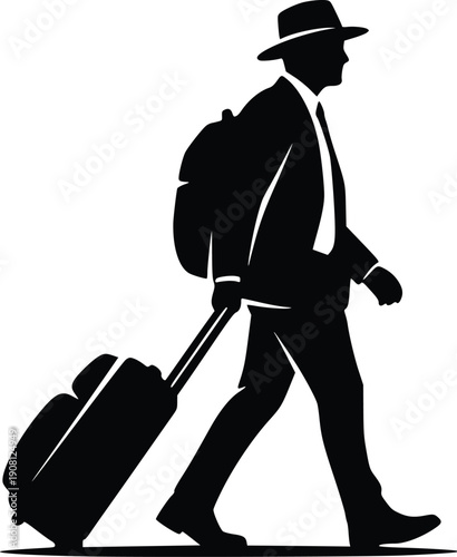  Traveler Walking with trolly and bag Silhouette Adventure Travel Lifestyle Vector