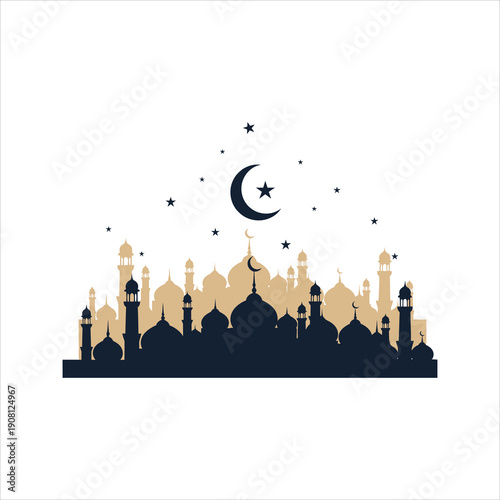 Mosque skyline with crescent moon and stars