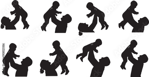 Silhouettes of parents playing with happy little children together