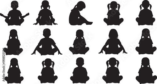 Silhouettes of children in various yoga poses and activities
