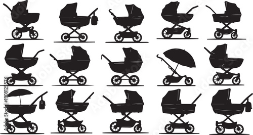 Collection of baby stroller silhouettes in various designs shown