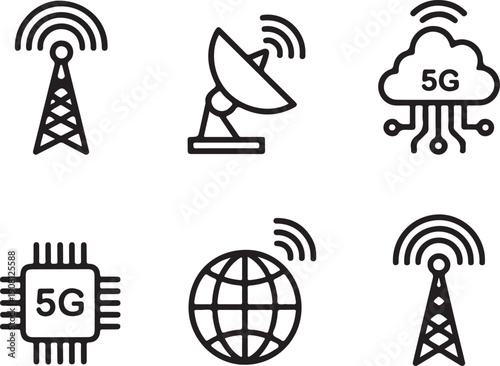 black and white line icons of 5G network and wireless communication technology