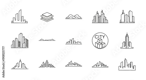 Collection of minimalist line art city skyline icons and urban building logos on a white background.