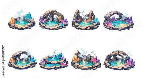 Fantasy crystal pools with mystic lighting and magical aura