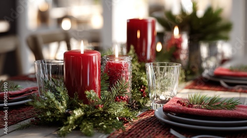 Festive tablescape with glowing red candles, greenery, place settings, and sunlight, perfect for holiday gatherings