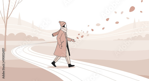 Woman Walking on Winding Path in Autumn Landscape with Falling Leaves