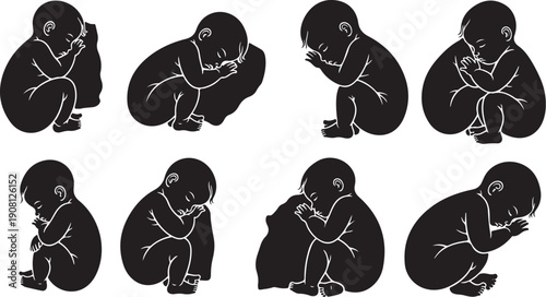 Silhouette of people in various sad and depressed poses
