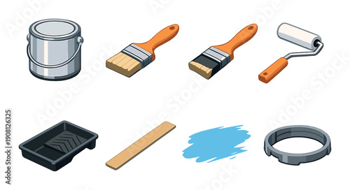 Painting tools: brushes, roller, paint can, and accessories illustrated on dark background