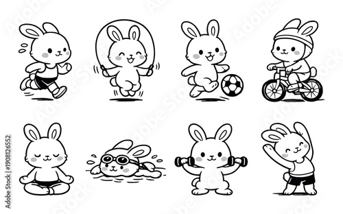 Cute cartoon bunnies exercising: running, skipping, cycling, and yoga