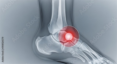 Ankle Joint Pain X-ray Illustration with Red Inflammation Highlight.