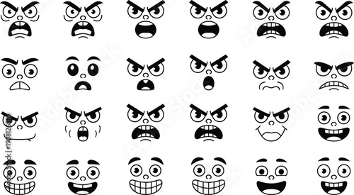 Cartoon facial expressions icons set, angry happy surprised emotions collection, comic emoji faces, character reactions, isolated black and white vector