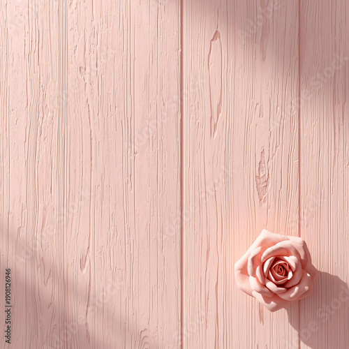Delicate rose on soft pink background with subtle shadow formed.