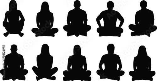 Meditation people silhouettes collection, men women sitting lotus pose, yoga mindfulness concept, calm wellness lifestyle, isolated black vector illustration