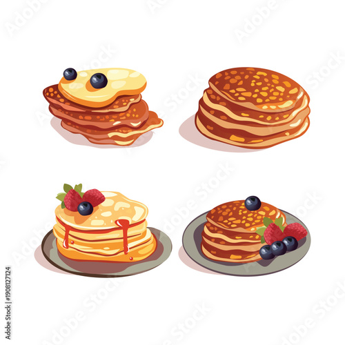 Breakfast hotcakes, panecakes set with fruits of illustration on white background