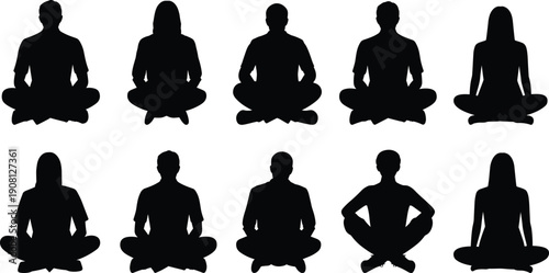 Meditation people silhouettes set, men women sitting lotus pose, yoga mindfulness concept, calm wellness lifestyle, isolated black vector illustration