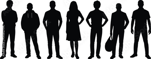 Standing people silhouettes group, men women team concept, anonymous characters lineup, diversity workforce, business casual lifestyle, isolated vector illustration