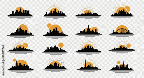 A collection of various city skyline silhouettes with sun or moon rising and setting, featuring reflections on a transparent background.