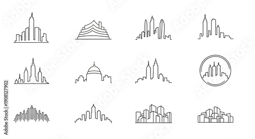 A collection of minimalist line art city skylines and building silhouettes, showcasing various architectural forms and urban landscapes.
