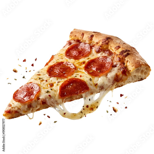 Foto Floating Pepperoni Pizza Slice Melt Stretch for Dramatic floating pepperoni pizza slice with stretchy cheese isolated on transparent background