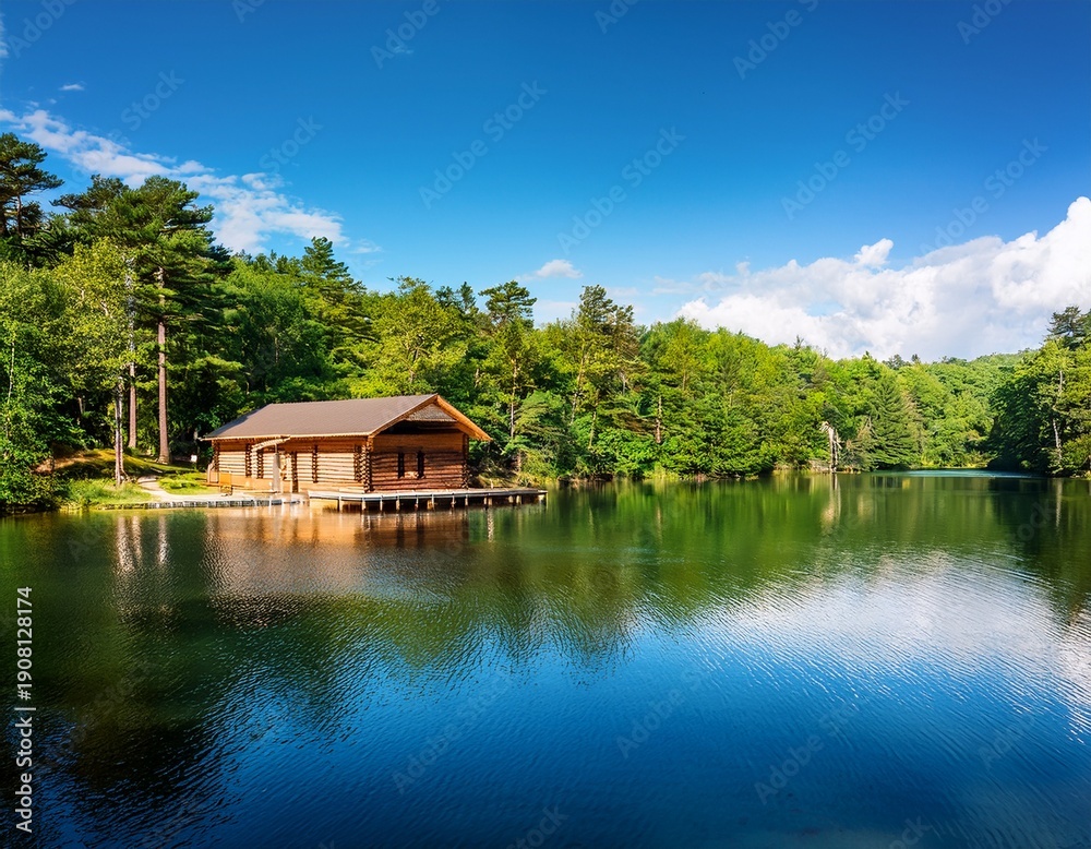 Obraz premium rustic cabin nestled amongst lush green forest overlooking tranquil lake on sunny summer day sky peaceful