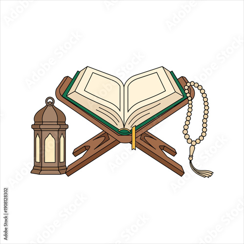 Open holy book on wooden stand with lantern beads