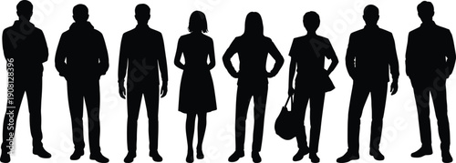 People silhouettes lineup, standing men women group, anonymous workforce characters, diversity team concept, business casual lifestyle, isolated vector illustration