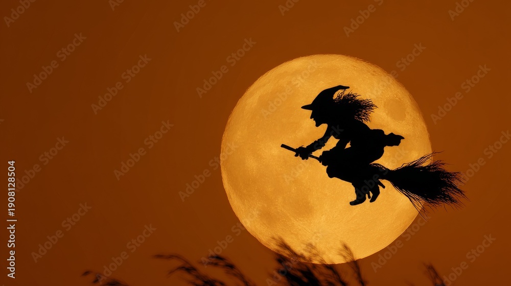 Fototapeta premium A silhouetted witch on broom flies past a huge, orange moon, silhouetting dry grass in foreground