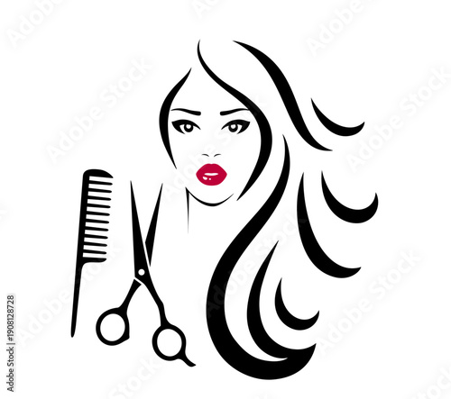 Hair salon sign with scissors and woman with long hair, haircut