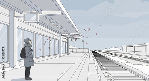 Woman Waiting at Snowy Train Station Platform, Minimalist Illustration
