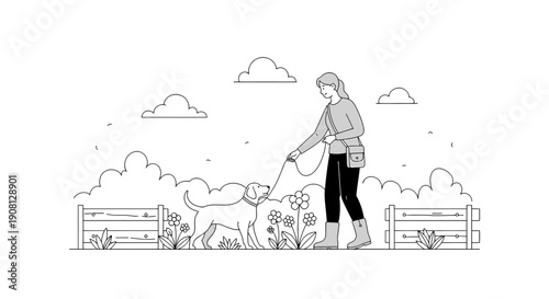 Woman walking dog in garden, line art illustration, nature, outdoor activity