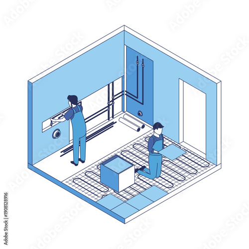 Cartoon Color Bathroom Works House Construction Concept 3d Isometric View Line Elements. Vector illustration of Renovation or Fixing Service