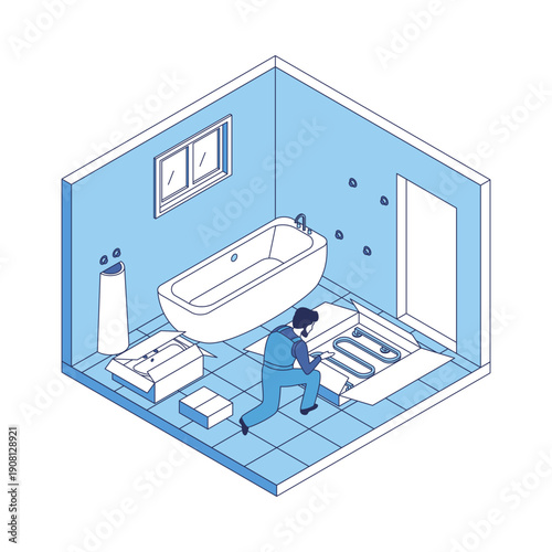 Cartoon Color Bath Installation House Construction Concept 3d Isometric View Line Elements. Vector illustration of Renovation or Fixing Service