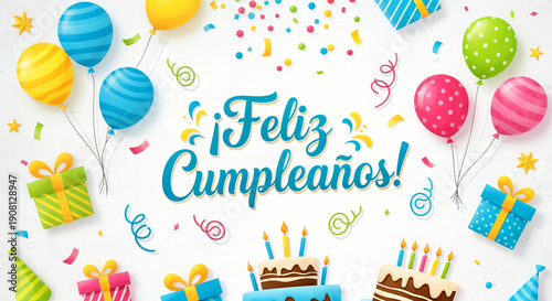 Festive birthday greeting with Spanish text “Feliz Cumpleaños”, meaning “Happy Birthday”.