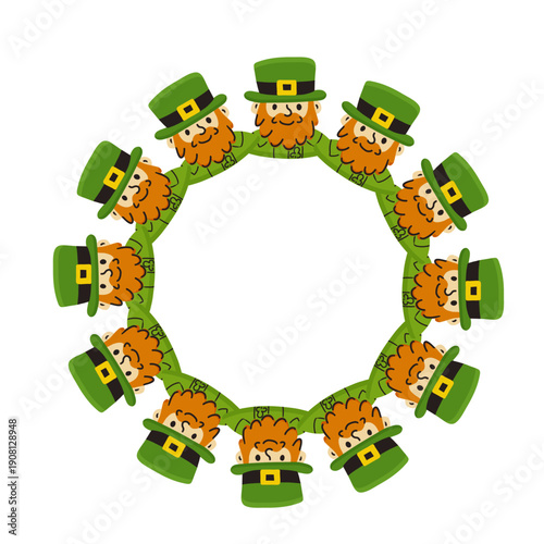 St.Patrick's Day vector circle frame with leprechauns isolated on white background, perfect for seasonsal designs, invitations, greeting cards.
